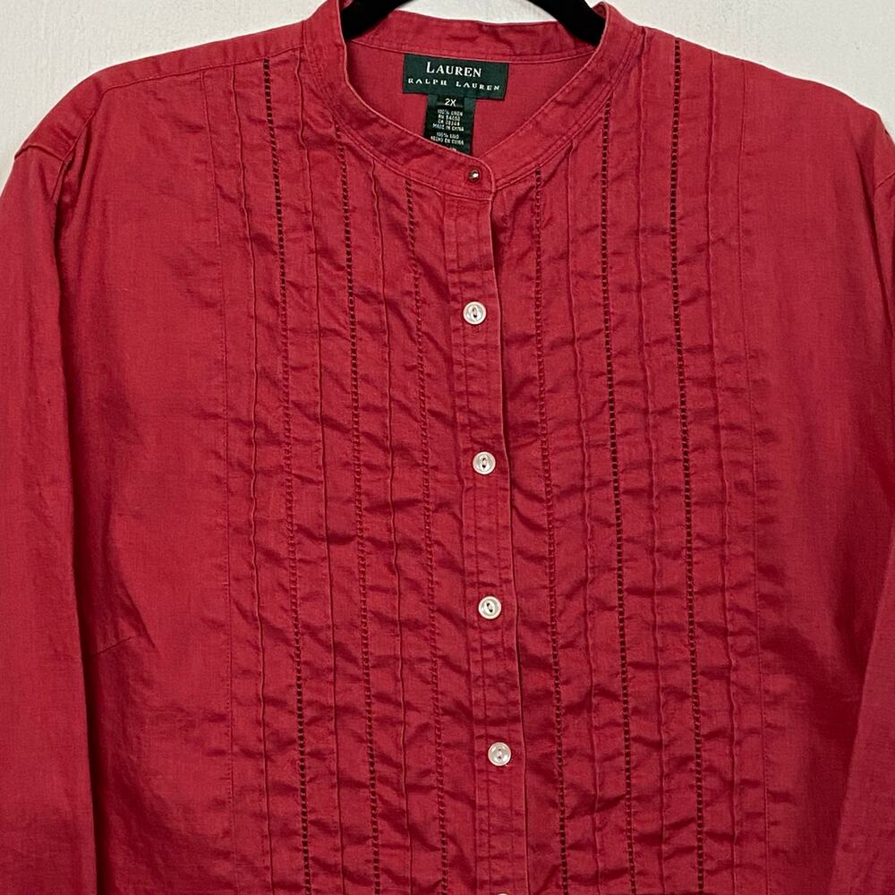Ralph Lauren Women's 100% Linen Red Pintuck Mandarin Collar Blouse Top Size 2X - Picture 3 of 12